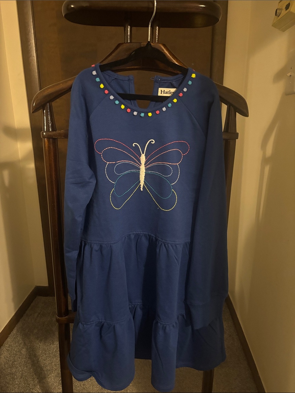 Hatley Navy Dress with Multicolor Butterfly and Pom Trim